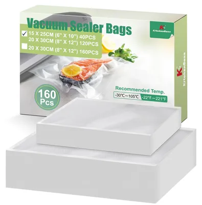 Obrázek produktu pro KitchenBoss, 160 vakuových sáčků, rozměry 15x25 cm (40 kusů) + 20x30 cm (120 kusů), vhodné pro vakuové balení potravin