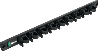 A black magnetic strip with multiple clips for holding screwdrivers, with the Wera logo visible.