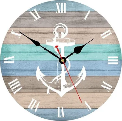 Produktbild von Klassische 30 cm Kunststoff Wanduhr mit Strom-Backup, zeitlosem Design, Retro-Ästhetik, einfacher Uhrzeitschaltung, antiker Ziffernformat und einem nautischen Anker-Muster.