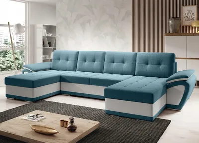 Produktbild von Easy4You ENZO Türkis/Weiß Ecksofa U-Form 336 x 97 x 157 cm mit Schlaffunktion und Stauraum - Schlafsofa mit Bettkasten - Moderne Wohnzimmermöbel – Stoff: SORO 86 + SOFT 17