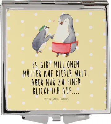 Produktbild von Mr. & Mrs. Panda Schminkspiegel Pinguin mit Kind - Gelb Pastell - Geschenk, Kosmetikspiegel, Mutter, Vorbild Mama, Muttertag, Kleiner Spiegel, Familie, klappbar