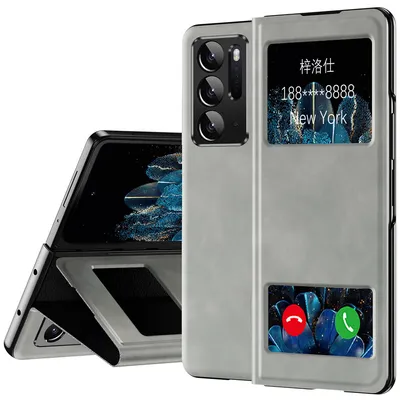Immagine prodotto di Custodia sottile in pelle flip per Oppo Find N, con finestra di visualizzazione e funzione stand Grigio