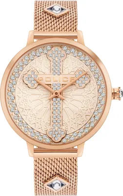 A close-up, front-facing studio shot of a rose gold Police women's watch with a mesh band and a crystal-embellished dial.
