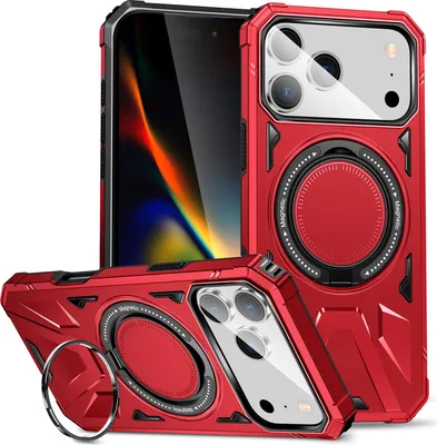 Obrázek produktu pro Dvouvrstvé pouzdro pro iPhone 18 Pro kompatibilní s MagSafe, robustní ochrana pouzdro s magnetickým prstencovým stojánkem červené