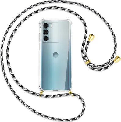 Produktbild von Handykette Backcover-Schutzhülle mit Band (Metall goldfarben) für Motorola Moto G200 5G - schwarz/grau/weiß