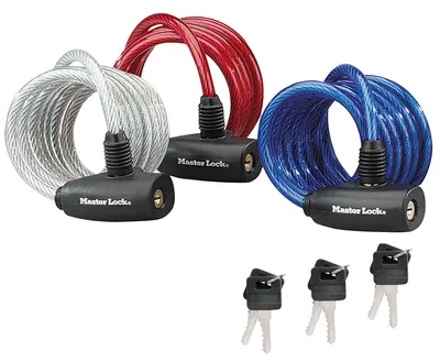 Produktbild von MASTER LOCK Fahrradschloss Kabelschloss [Schlüssel] [1,8 m Stahlkabel] [Wetterfest] [3er-Pack] 8127EURTRI - Ideal für Fahrräder, Elektrisches Fahrradectric, Skateboards, Kinderwagen, Mähmaschine und andere Sportgeräte