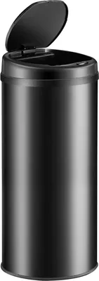 A black trash can with its lid open.