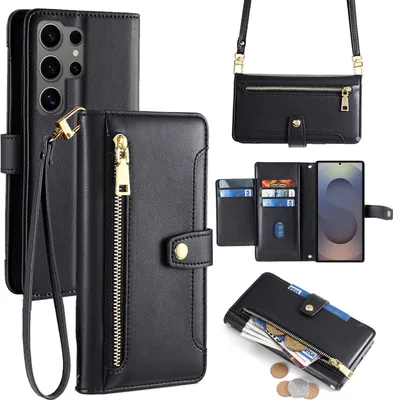 Produktbild von Handykette Samsung Hülle mit Band Handyhülle Kartenfächer Kunstleder Umhängetasche Galaxy S25 Ultra in Schwarz