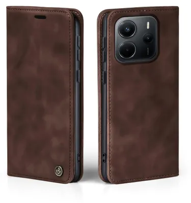 A brown flip case for a smartphone, shown from the front and back.