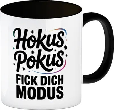 Produktbild von Hokus Pokus Kaffeebecher in schwarz mit frechem Spruch