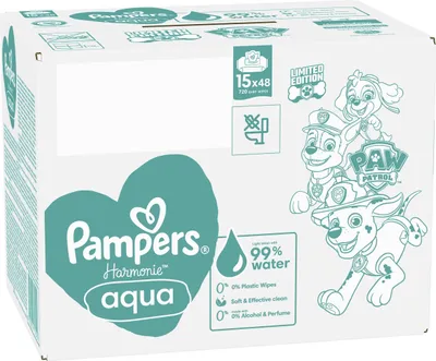 A box of Pampers Harmonie Aqua baby wipes featuring Paw Patrol characters.