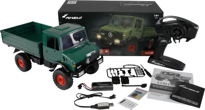 A remote-controlled Mercedes-Benz Unimog truck and its accessories are displayed on a white background.