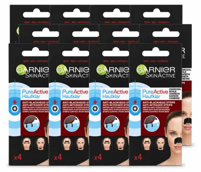 Produktbild von 12 x Garnier Pure Active Anti-Mitesser-Strips - Aktivkohle - Nase, Stirn & Kinn - Vorteilspackung - 12 Stücke