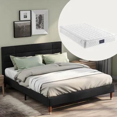 Obrázek produktu pro okwish Čalouněná postel, Manželská postel s roštem, 140x200 cm čalouněný rám s čelem, Samet, pro dospělé a mládež, Černá (S matrací)