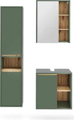 A set of bathroom furniture, including a tall cabinet, a mirror cabinet, and a vanity unit, displayed against a white background.