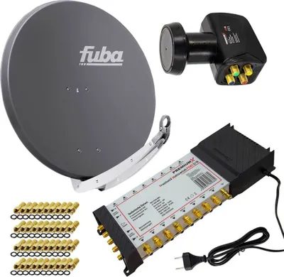 A collection of satellite dish components, including a dish, LNB, and a multischalter, arranged on a white background.