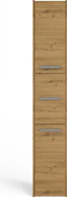 A tall, narrow cabinet with a wood grain finish and silver handles.