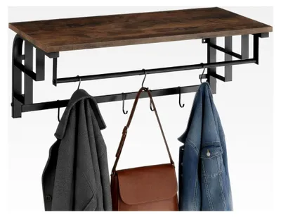 Produktbild von Wandgarderobe mit Ablage, Flurgarderobe aus Holz, Garderobe mit 5 abnehmbaren Haken und Hängestange, Hängeregal im Industrial Design, 66 x 30 x 27 cm - Dunkelbraun