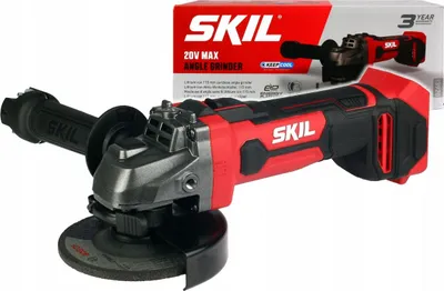 A cordless angle grinder and its packaging are displayed against a white background.