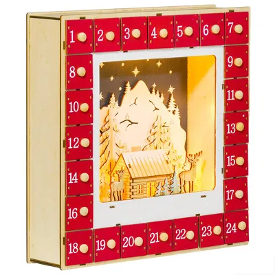 Produktbild von Weihnachtskalender mit LED-Lichtern und 24 Schubladen Adventskalender Weihnachtsdekoration 34 x 7 x 34 cm Rot