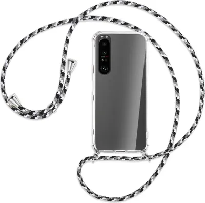 Produktbild von Handykette Backcover-Schutzhülle mit Band (Metall silberfarben) für Sony Xperia 1 II - schwarz/grau/weiß