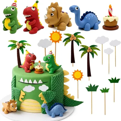 Obrázek produktu pro Dekorace na dort s dinosaury - ozdoba na dort - sada 14 kusů - dekorace na dort ve tvaru dinosaurů - zelené dekorace na dort s dinosaury