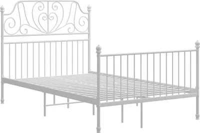 A white metal bed frame with a decorative headboard, shown against a white background.