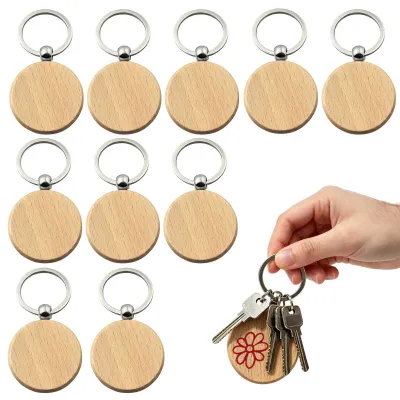 Produktbild von Holz Schlüsselanhänger - 10 Stück Rund Blanko Rohlinge - Zum Basteln Bemalen und Gravieren - Naturfarben