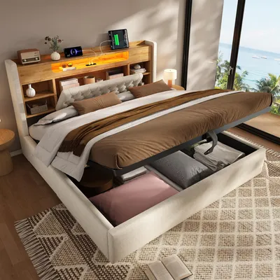 Image de Lit rembourré Flieks 180 x 200 cm avec ports USB et Type-C, lit hydraulique avec rangement et étagère, lit double pour adolescent avec cuir, lin, beige