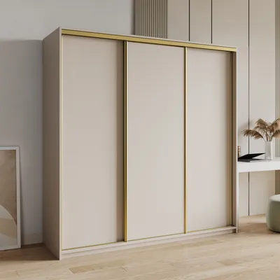 Produktbild von Masseno Schiebetürenschrank NISSE 200/205/60 cm Kleiderschrank mit Schubladen Schlafzimmer Schrank 3-türig Kaschmir + Gold