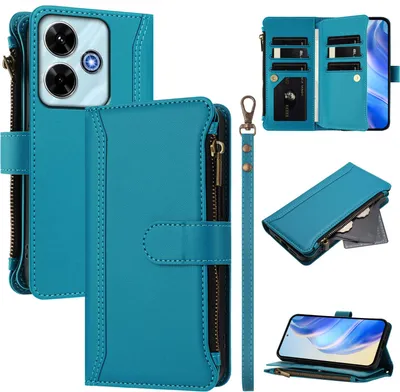Obrázek produktu pro Pouzdro pro Xiaomi Poco M6 4G/Redmi 13/Redmi 13 5G, zipem, peněženkovéPolyuretankožené flip pouzdro s kapsami na karty, stojánkem a poutkem na ruku Jezerní modrá