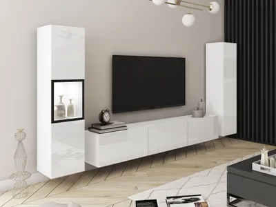 Obrázek produktu pro Stěna do obýváku HEXIO - bílá / bílá lesklá + LED osvětlení