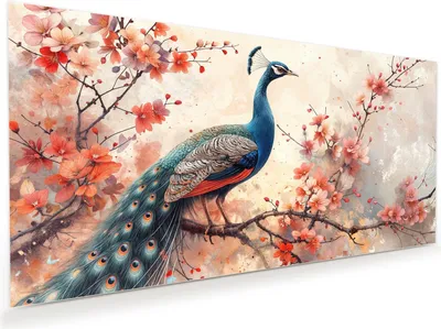 Produktbild von Glasbild 60x30cm in XXL für Wohnzimmer, Schlafzimmer Motiv Pfau und Blüten