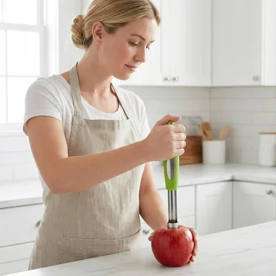Produktbild von Apfelentkerner aus Edelstahl mit Gummigriff, für Äpfel und Birnen, Klinge Ø 2,0 cm, mit Aufhängeöse, grün
