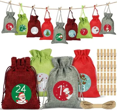 Produktbild von Adventskalender zum Befüllen Set 24 Weihnachtskalender Stoffbeutel Rot Grün