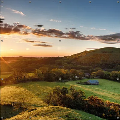 Produktbild von Wallario Outdoor-Poster für Garten oder Balkon, Motiv Schlosspanorama in England bei Sonnenaufgang, in ca. 180 x 180 cm