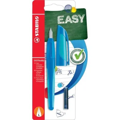 Zdjęcie produktu dla Szkolne pióro wieczne ze stalówką dla leworęcznych L - STABILO EASYbuddy w kolorze ciemnoniebieskim/jasnoniebieskim - kolor pisania niebieski (wymazywalny) - pióro pojedyncze - nabój w zestawie