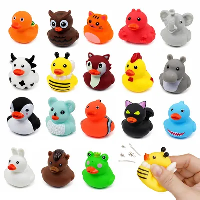 Imagen del producto de Juego de 18 patitos de goma de colores, que emiten un sonido al apretarlos, ideales para el baño