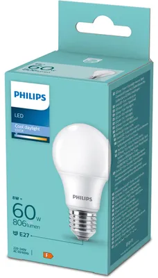 Obrázek produktu pro Philips Žárovka 60 W A60 E27, 8 W, 60 W, E27, 806 lm, 15000 h, Chladné denní světlo