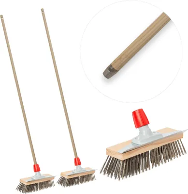 Immagine prodotto di Novaliv 2x robusta spazzola metallica con manico - scopa in acciaio con manico in legno, efficace rimozione del muschio, scopa stradale, per pavimentazione e giardino, scopa in acciaio, raschia muschio, scopa per pizza, spazzola per pietra della pizza