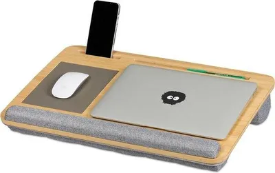 Image de Le bambou peut être retiré.
Coussin pour ordinateur portable en bambou avec repose-clavier et support pour téléphone - Repose-poignet - 10 x 55 x 36 cm - Naturel/Gris