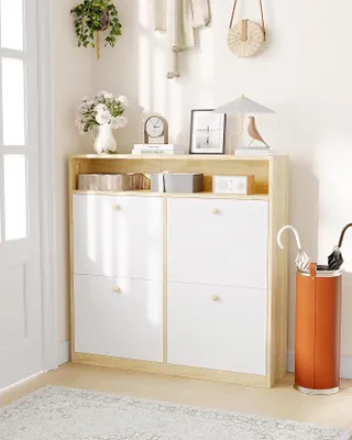 Imagen del producto de Armario para zapatos de 100 x 24 x 100 H cm, con 4 puertas y un estante abierto. Armario estrecho independiente con tiradores de madera, ideal para pasillos. Mueble para guardar zapatos, color blanco