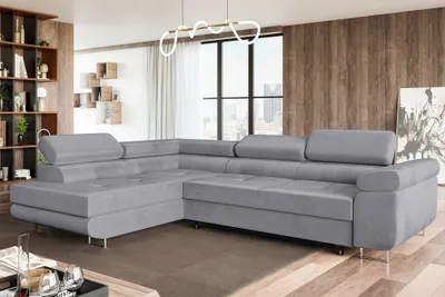 Produktbild von MEBLINI Schlafcouch mit Bettkasten - Ecksofa mit Schlaffunktion - Sofa mit Relaxfunktion und Kopfstützen - Couch L-Form - Eckcouch - Wohnlandschaft - MALIBA - 277x203x63cm Links - Grau Samt