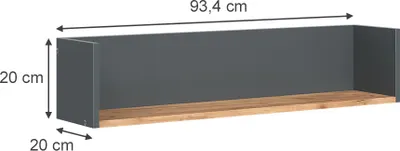 A wall shelf with dimensions indicated.