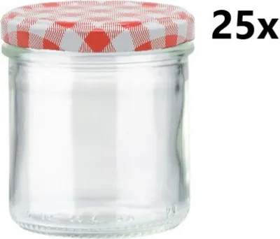 A clear glass jar with a red and white checkered lid, shown against a white background. The number '25x' is visible in the top right corner.