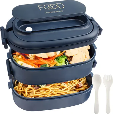 Produktbild von Lunchbox – 1550 ml Lunchbox 2 Etagen 3 Fächer – Lunchbox Erwachsene – Bento-Box mit Besteck, mikrowellengeeignet, Blau
