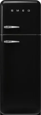 A black SMEG refrigerator with silver handles.