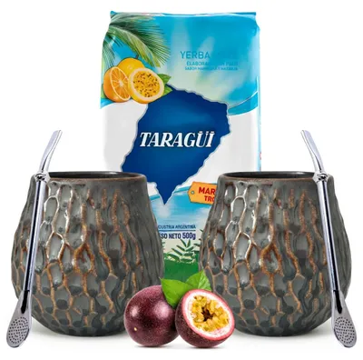 Obrázok produktu pre Sada Yerba Mate pre dvoch – Taragui Maracuya + 2x matero, bombilla