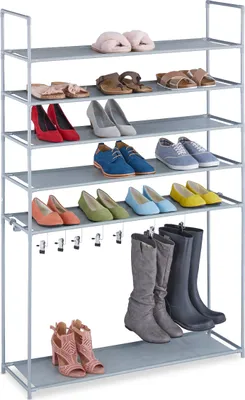 Produktbild von Relaxdays Schuhregal 6 Ebenen, Stecksystem, 20 Paar Schuhe, 7 Stiefelhaken, Metall & Stoff, Flur Schuhablage, grau