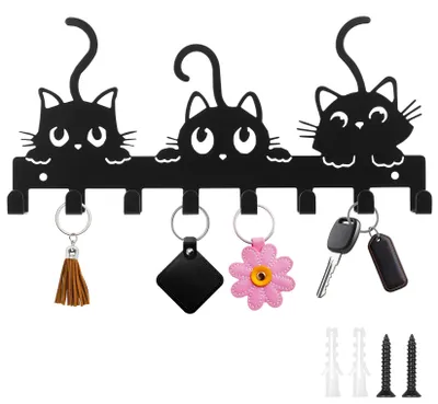Produktbild von Moderner Schlüsselhalter, Schlüsselbrett mit 8 Schlüsselhaken, wandmontierter Schlüsselhalter, Schlüsselaufbewahrungsregal aus Metall für Katzen, dekorativ für Wohnung, Flur, Wohnzimmer, Küche (Katzenmotiv)